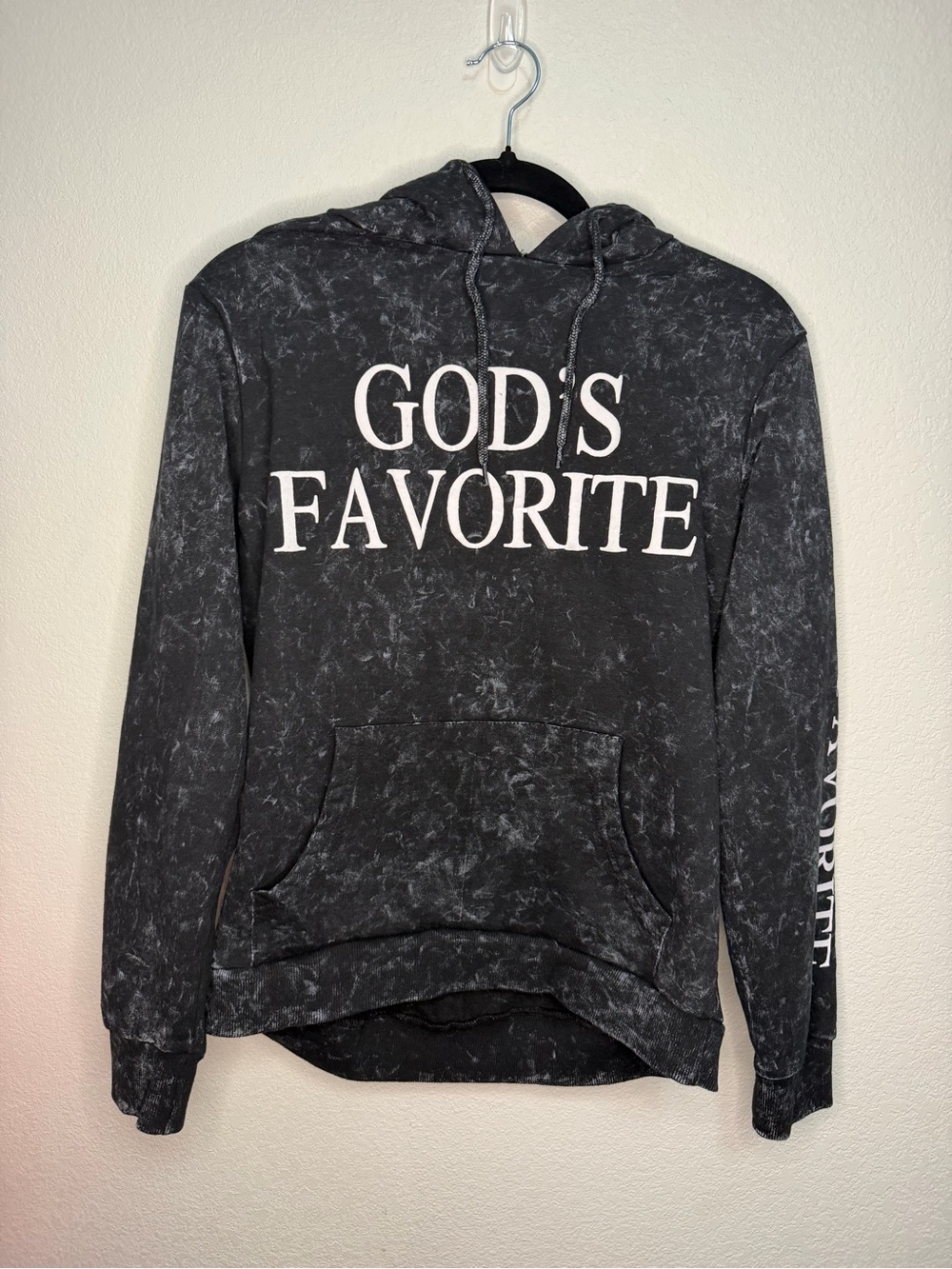 On Fire Black Acid Wash God’s Favorite Graphic Hoodie Size Large